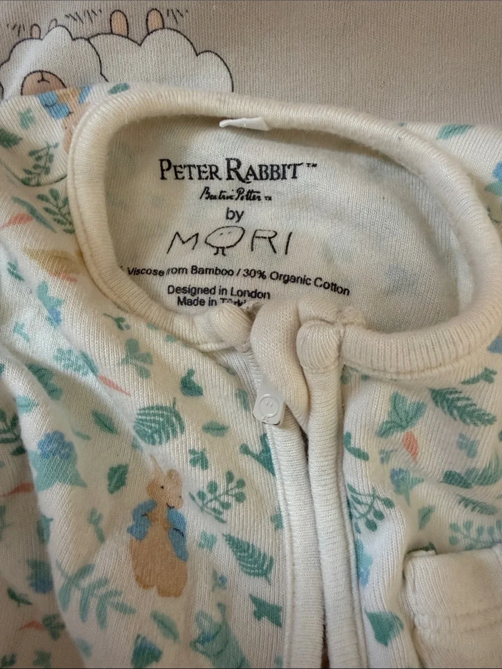 Mori Cream Baby Footed One-Piece with peter rabbit Print